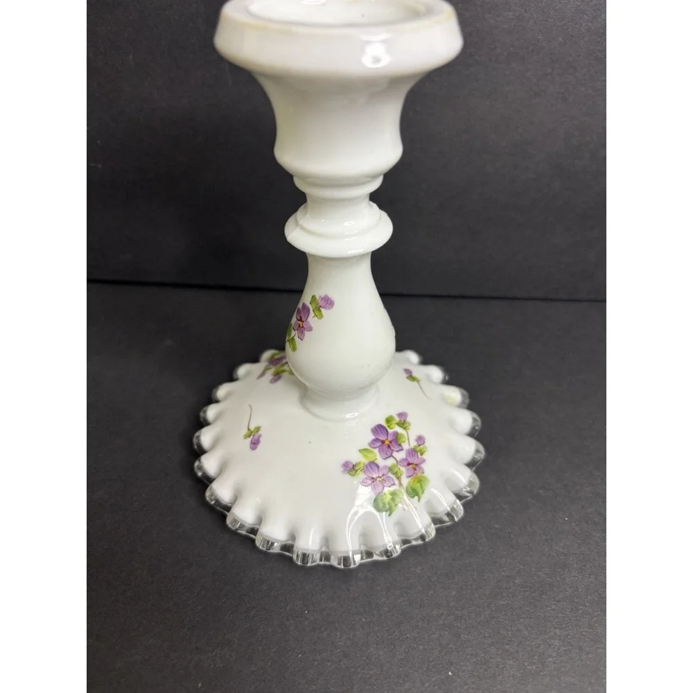 Fenton Silver Crest Violets in The Snow Single Candlestick Milk Glass Vintage
